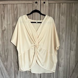 Umgee Women's Cream Satin V-Neck Blouse with Front Knot, Size M
